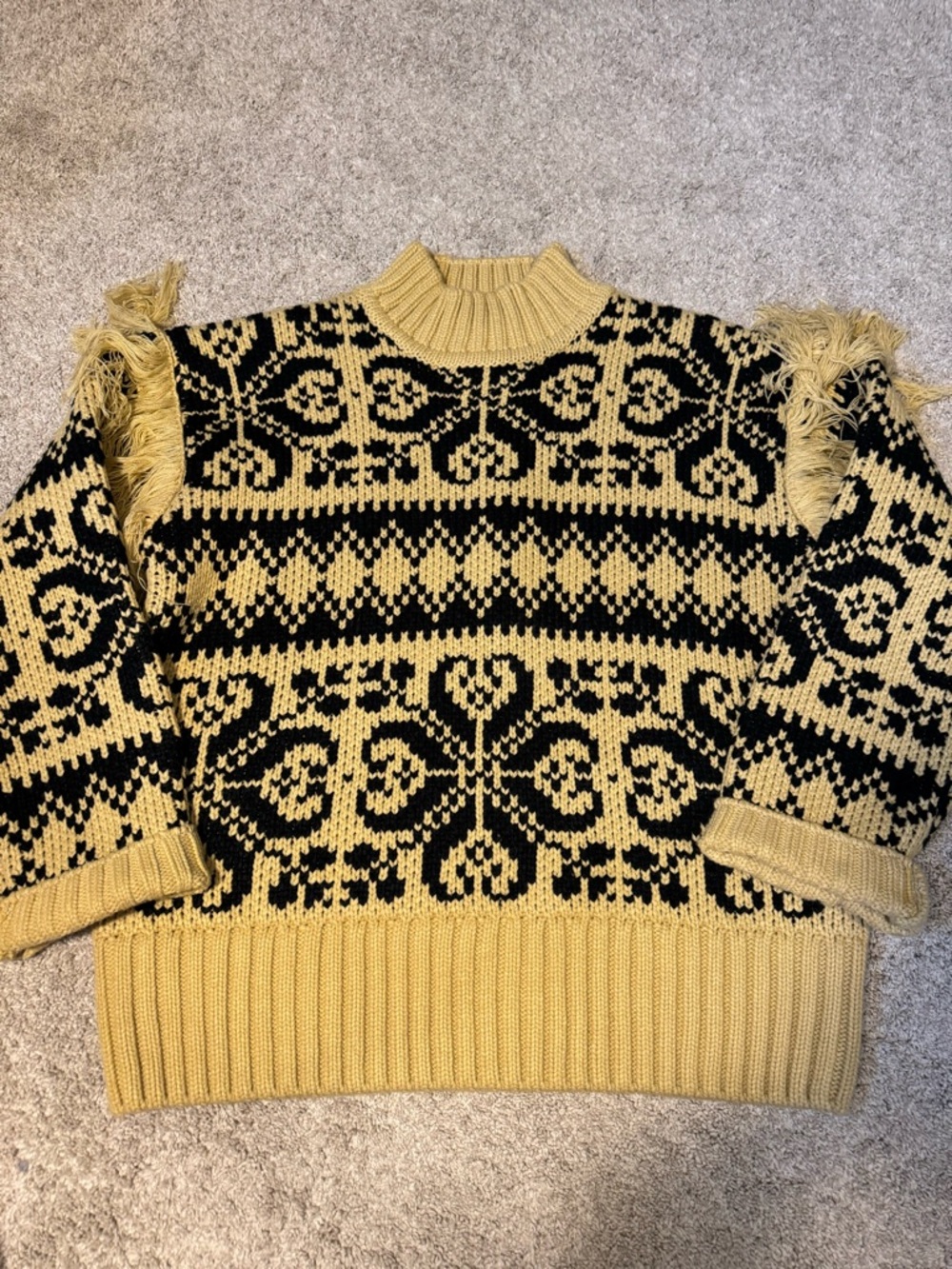 English Factory Mustard and Black Fringed Fair Isle Turtleneck Sweater